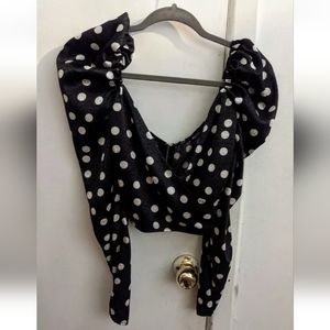 Nasty Gal Polka Dot Puff Sleeve Blouse 8 Faux Wrap Crop Black Satin Retro